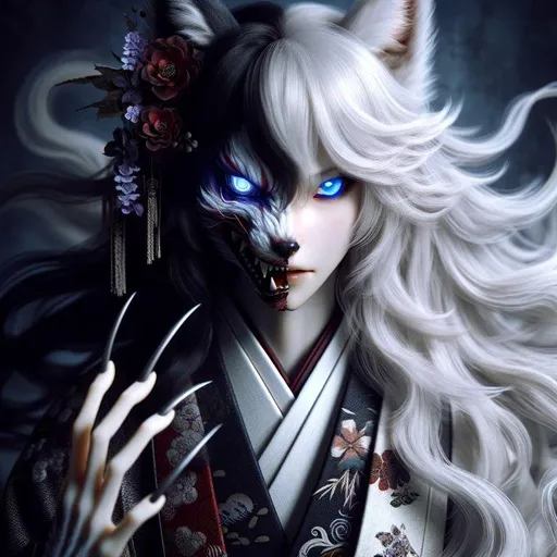 Prompt: a photo of a Hyperrealistic half-transformed female goth kitsune assassin partially shrouded in shadow, angrily peers with glowing blue eyes, silky white fur, long flowing hair flowing around her, sharp long nails in traditional geisha garb