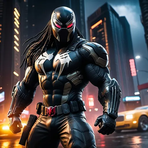 Prompt: A superhero that combines (Venom) &(Predator), mean streak worse than the Punisher, more sarcasm than Deadpool,  and quicker to judge guilt faster than Judge Dredd. (gritty), intense action, dark and moody atmosphere, metallic and futuristic armor, glowing elements, urban battlefield background, explosive action scenes, dynamic poses, aggressive facial expressions, dramatic shadows and highlights, cold tones with splashes of neon, ultra-detailed, 4K, cinematic masterpiece, photorealistic.