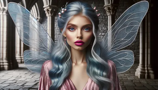 Prompt: Create an image of a beautiful fairy princess with gossamer wings, depicted as 35 years old. She has intricate facial details, long blue hair, and blue eyes, with light makeup and fuchsia lipstick, highlighting her prominent cheekbones. She is wearing a pink silk bodysuit. The setting is a stone castle. The image should be a realistic, full-body shot with detailed features and professional, warm lighting. The artwork should be high-quality, akin to an 8K photo, capturing the elegance and fantasy aspect of the character.