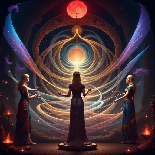 Prompt: The three Fates (the Moirai)  sitting around a spinning wheel.  One of them Cuts the thread of your life. 