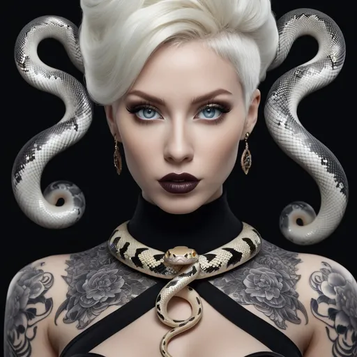 Prompt: wide angle view Portrait of a beautiful goth woman, tattoos, piercing, lace and satin, holding an albino snake,  perfect detailed face, detailed symmetric hazel eyes with circular iris, princess eyes, realistic, stunning realistic photograph, 3d render, octane render, intricately detailed, cinematic, trending on art station, Isometric, Centered hiper eallistic cover photo, awesome full color, hand drawn, dark, gritty, klimt, erte 64k, high definition, cinematic, neoprene, portrait featured on unsplash, stylized digital art, smooth, ultra high definition, 8k, unreal engine 5, ultra sharp focus, intricate artwork masterpiece, ominous, epic, trending on artstation, highly detailed, vibrant