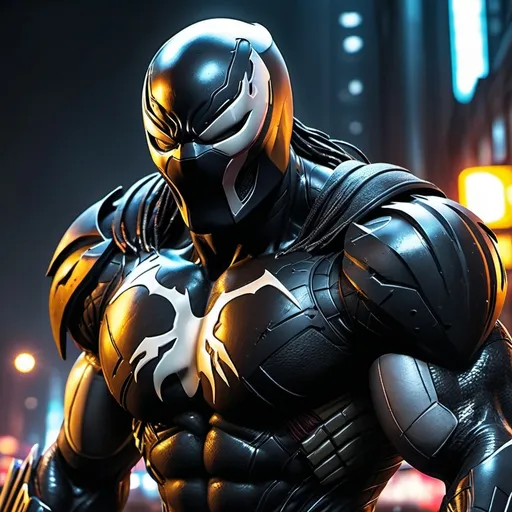 Prompt: A superhero that combines (Venom) &(Predator), mean streak worse than the Punisher, more sarcasm than Deadpool,  and quicker to judge guilt faster than Judge Dredd. (gritty), intense action, dark and moody atmosphere, metallic and futuristic armor, glowing elements, urban battlefield background, explosive action scenes, dynamic poses, aggressive facial expressions, dramatic shadows and highlights, cold tones with splashes of neon, ultra-detailed, 4K, cinematic masterpiece, photorealistic.