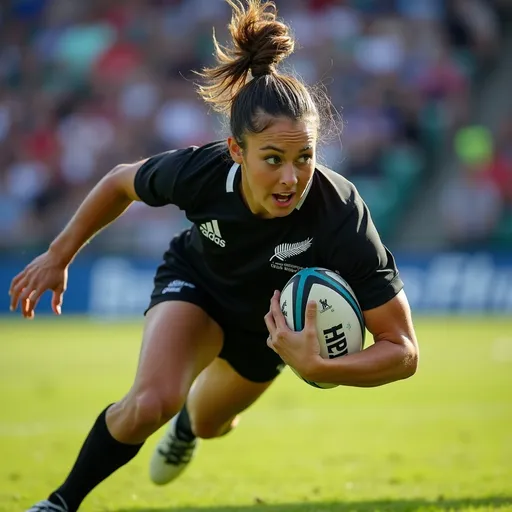 Prompt: photorealistic, (vibrant colors), hyper-realistic, UHD, photo-quality, dynamic action, Female Rugby Player from New Zealand, (intense focus), scoring a try, detailed facial expression, athletic build, stadium atmosphere, cheering crowd, sunlight casting shadows, grass field texture, sporting gear visible, captured in the moment of triumph.