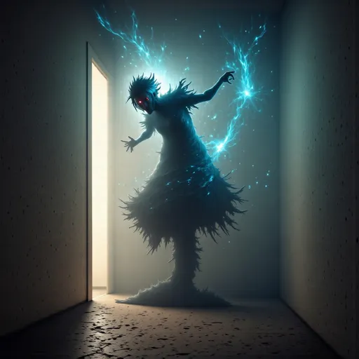 Prompt: Full‑body wide shot, cinematic horror, the apparition mid‑lunge with arms outstretched, abandoned hallway with cracked walls and scorch marks, teleportation trail and motion‑blur echoes behind her, volumetric lighting, particle haze, spectral distortion, chromatic aberration, masterpiece, best quality.
