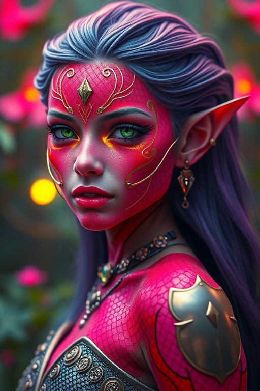 Prompt: HD Photorealistic, Hyperrealistic, 8k image or A powerful female futuristic viking warrior, that is  truly stunning, goddess of beauty, breathtakingly beautiful woman with bright crimson, fuchsia,  and iridescent purple striped skin, as well as  subtly scaled  skin (with gold highlights) , slightly metallic and luminous, elven pointed ears and multiple bionic or cyborg enhancements  with flowing indigo hair that catches the light in the most mesmerizing way. Her piercing emerald green eyes radiate an ethereal glow. She stands gracefully in an otherworldly alien forest,  with poise and grace of a dancer, with the strength and power of a ninja, nible as a cate with the same feline grace. surrounded by never-seen-before plants that glow softly in vivid, fantastical colors. Her skin appears shiny and radiant, like polished metal, reflecting the unique lighting of the alien atmosphere. The scene is hyper-realistic, with dramatic lighting and striking contrasts. Her facial features are complex, detailed, and elegant, exuding a sense of playful mystery. She stands in a dynamic pose, her body language confident yet gentle, as she interacts with her enchanting environment. The atmosphere is mesmerizing, with vivid colors, intricate details, and an overall presentation that feels magical and otherworldly. Her beauty is ethereal, captivating, and otherworldly, full of charm without being overt, radiating an unearthly allure that complements the fantastical scene around her.