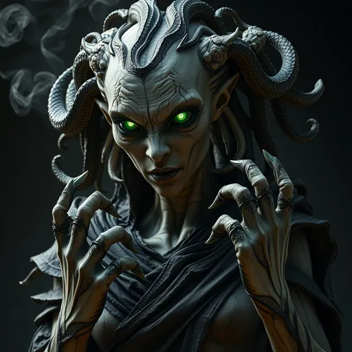 Prompt: An UHD photo-quality full-body image of Megaera, the Fury of Jealousy, in hyper-realistic 8K detail. Megaera is depicted as a wrathful yet mesmerizingly sinister figure, her gaunt but striking face exuding malice and envy. Her ashen, weathered skin is veined with faint green and black patterns, glowing like a corrupted web of energy. Her eyes burn with a venomous green light, narrow and piercing, reflecting her eternal role as the punisher of jealousy and infidelity. Her hair is a writhing, tangled mass of serpents, their scales glimmering faintly, hissing and snapping with malevolent energy.

Megaera’s upper body is lithe yet muscular, wrapped in tattered, smoke-like black robes that seem to shift and move unnaturally, as though alive with her rage. Her talon-like hands are elongated and sharp, blackened as if charred, dripping with a faint glowing ichor that corrodes the air around it. Her torso bears faintly etched patterns of ancient curses, glowing intermittently as her fury surges.

Her massive, bat-like wings are torn and jagged, each stroke of the wings emitting glowing green sparks and wisps of shadowy mist. Her lower body is shrouded in shifting black smoke, obscuring the ground as she floats above it, her form flickering between corporeal and ethereal.

Megaera stands on a fiery battlefield littered with the remnants of the jealous and unfaithful. The cracked, molten ground glows beneath her, with pools of green, bubbling acid marking her victims’ tortured ends. The background is a stormy chaos of red and green lightning, shadowy figures screaming in the distance, and crumbling ruins of broken oaths. The lighting highlights every intricate texture, from the glimmering scales of her serpents to the jagged tears in her wings. This hyper-realistic image captures the vengeful, jealous wrath of Megaera, blending horror with beauty.