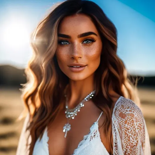 Prompt: Photo-realistic Photo of a naturally gorgeous woman, full body shot, some freckles across her nose,  twirling in a sheer. sundress, multiple necklaces and bracelets.  Styled like a Hippie, stunningly beautiful, hyper-realistic, high definition,  stunning beauty, detailed facial features, realistic lighting, professional artwork, atmospheric lighting, highres