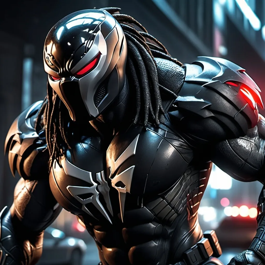 Prompt: A superhero that combines (Venom) &(Predator), mean streak worse than the Punisher, more sarcasm than Deadpool,  and quicker to judge guilt faster than Judge Dredd. (gritty), intense action, dark and moody atmosphere, metallic and futuristic armor, glowing elements, urban battlefield background, explosive action scenes, dynamic poses, aggressive facial expressions, dramatic shadows and highlights, cold tones with splashes of neon, ultra-detailed, 4K, cinematic masterpiece, photorealistic.