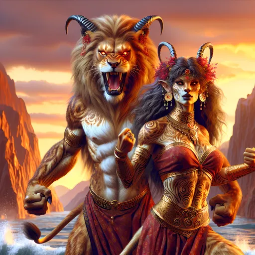 Prompt: Female hyper-realistic illustration of a female anthro-Nemean lion warrior character, fangs bared, Bright scarlet glowing eyes, designed as an Amazon huntress. She is a fierce incarnation of Artemis, Traditional Classical Greek Women's clothing  Glowing red eyes. This character is a human-Nemean lion hybrid with stunning, enchanting beauty. Her body is covered in silky, shiny, and intricately patterned  fur. Her hands are clawed, and her overall build is muscular, athletic and strong, perfectly sculpted for agility and power.  She is the ultimate apex predator.   Her yes glow a very bright scarlet red.

The character should exude a powerful presence with captivating eyes, detailed expressions, and a dynamic pose that reflects her warrior status. The background should be vibrant and lush, featuring seascapes or greek mountains intertwined with ancient Classical Greek ruins. The atmosphere should be warm-toned and evocative, bringing out the fantasy aspect of the scene.

Intricate patterns on her fur and clothing should highlight her Greek heritage, while the overall composition should include ultra-detailed textures and vibrant colors to make her stand out. The scene should be reminiscent of a Dungeons & Dragons-inspired fantasy world, complete with vivid and enchanting details that draw the viewer into this mythical setting