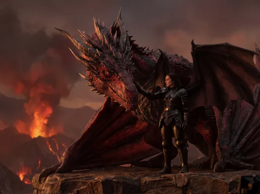 Prompt: Photorealistic cinematic still of a large, majestic red and black dragon with barbed spines on its head and massive wings, sitting beside a beautiful female demon dressed in black armor with large black bat wings. They share a close bond, with hellfire in the background. Photographed with a professional full-frame cinema camera and natural optics, featuring cinematic lighting, vibrant colors, and a full-frame sensor for an 8k, super-realistic, extremely detailed, textured, and crisp image.