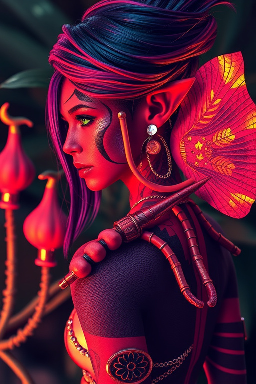 Prompt: HD Photorealistic, Hyperrealistic, 8k image or A powerful female futuristic viking warrior, that is  truly stunning, goddess of beauty, breathtakingly beautiful woman with bright crimson, fuchsia,  and iridescent purple striped skin, with many forms of body are and lots of tattoos as well as  subtly scaled  skin (with gold highlights) , slightly metallic and luminous, elven pointed ears and multiple bionic or cyborg enhancements  with flowing indigo hair that catches the light in the most mesmerizing way. Her piercing emerald green eyes radiate an ethereal glow. She stands gracefully in an otherworldly alien forest,  with poise and grace of a dancer, with the strength and power of a ninja, nible as a cate with the same feline grace. surrounded by never-seen-before plants that glow softly in vivid, fantastical colors. Her skin appears shiny and radiant, like polished metal, reflecting the unique lighting of the alien atmosphere. The scene is hyper-realistic, with dramatic lighting and striking contrasts. Her facial features are complex, detailed, and elegant, exuding a sense of playful mystery. She stands in a dynamic pose, her body language confident yet gentle, as she interacts with her enchanting environment. The atmosphere is mesmerizing, with vivid colors, intricate details, and an overall presentation that feels magical and otherworldly. Her beauty is ethereal, captivating, and otherworldly, full of charm without being overt, radiating an unearthly allure that complements the fantastical scene around her.