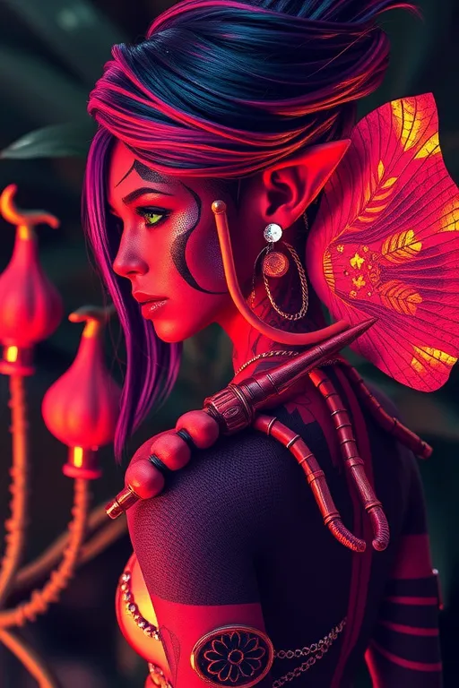 Prompt: HD Photorealistic, Hyperrealistic, 8k image or A powerful female futuristic viking warrior, that is  truly stunning, goddess of beauty, breathtakingly beautiful woman with bright crimson, fuchsia,  and iridescent purple striped skin, with many forms of body are and lots of tattoos as well as  subtly scaled  skin (with gold highlights) , slightly metallic and luminous, elven pointed ears and multiple bionic or cyborg enhancements  with flowing indigo hair that catches the light in the most mesmerizing way. Her piercing emerald green eyes radiate an ethereal glow. She stands gracefully in an otherworldly alien forest,  with poise and grace of a dancer, with the strength and power of a ninja, nible as a cate with the same feline grace. surrounded by never-seen-before plants that glow softly in vivid, fantastical colors. Her skin appears shiny and radiant, like polished metal, reflecting the unique lighting of the alien atmosphere. The scene is hyper-realistic, with dramatic lighting and striking contrasts. Her facial features are complex, detailed, and elegant, exuding a sense of playful mystery. She stands in a dynamic pose, her body language confident yet gentle, as she interacts with her enchanting environment. The atmosphere is mesmerizing, with vivid colors, intricate details, and an overall presentation that feels magical and otherworldly. Her beauty is ethereal, captivating, and otherworldly, full of charm without being overt, radiating an unearthly allure that complements the fantastical scene around her.