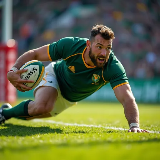 Prompt: photorealistic, (vibrant colors), hyper-realistic, UHD, photo-quality, dynamic action, Massively strong Rugby Player from South Africa, (intense focus), scoring a try, detailed facial expression, athletic build, stadium atmosphere, cheering crowd, sunlight casting shadows, grass field texture, sporting gear visible, captured in the moment of triumph.