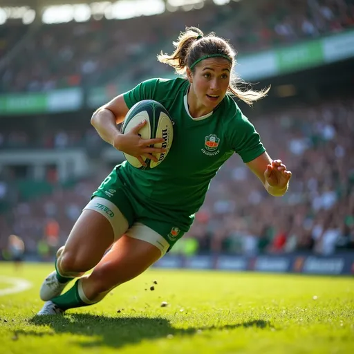 Prompt: photorealistic, (vibrant colors), hyper-realistic, UHD, photo-quality, dynamic action, Female Rugby Player from Ireland, (intense focus), scoring a try, detailed facial expression, athletic build, stadium atmosphere, cheering crowd, sunlight casting shadows, grass field texture, sporting gear visible, captured in the moment of triumph.