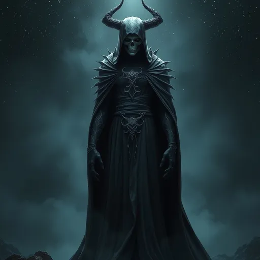 Prompt: (interpretation of Death from Marvel Comics), characterized by intricate details and dramatic posture, dressed in a flowing, ethereal robe, hauntingly elegant presence, shadowy ambiance, captivating gaze, set against a dark celestial background, starry sky, shrouded in mist, high contrast lighting, eerie yet captivating atmosphere, ultra-detailed, 4K quality.