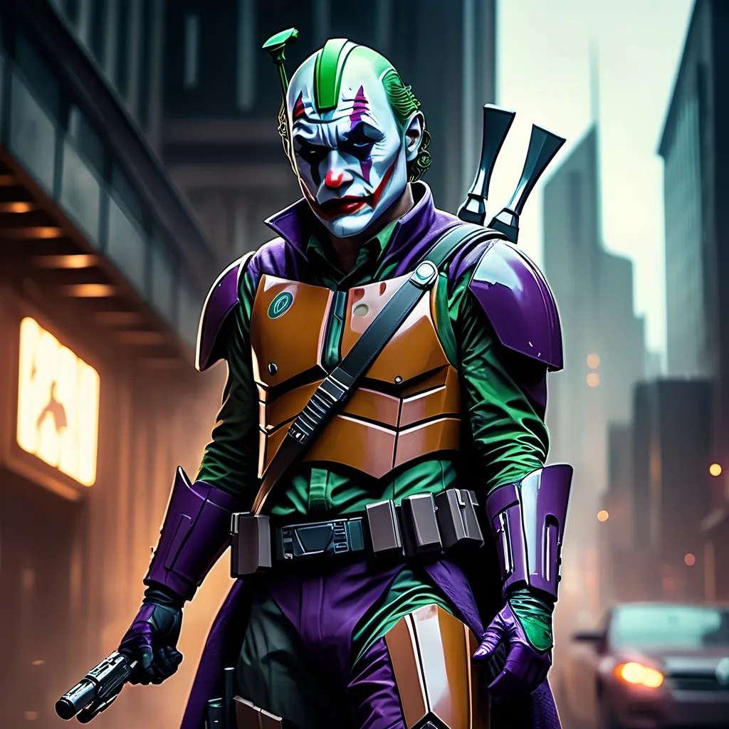 Prompt: (The Joker Mandalorian)  dynamic pose, blending elements of both characters, dark and mysterious ambiance, cool tones, sleek textures, high detail, dramatic shadows, futuristic cityscape background, moody lighting, enhanced visual contrast, 4K quality, emphasizing strength and fearlessness, epic superhero vibe.