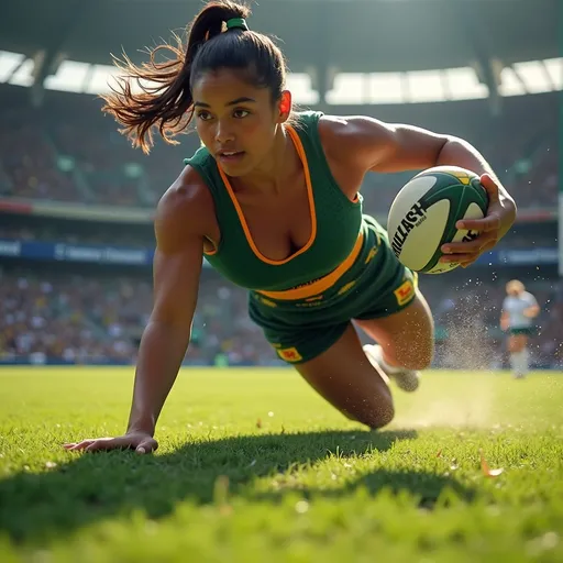 Prompt: photorealistic, (vibrant colors), hyper-realistic, UHD, photo-quality, dynamic action, Stunningly Beautiful Female Rugby Player from Samoa, (intense focus), scoring a try, detailed facial expression, athletic build, stadium atmosphere, cheering crowd, sunlight casting shadows, grass field texture, sporting gear visible, captured in the moment of triumph.