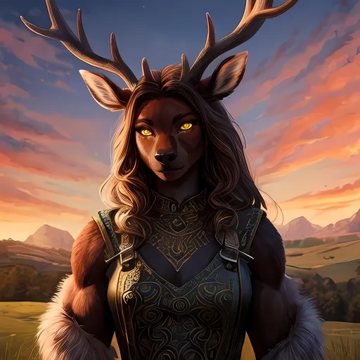 Prompt: Female hyper-realistic illustration of a female anthro-Irish Elk warrior character, magnificent antlers, Bright golden glowing eyes, designed as an Amazon huntress. She is a fierce incarnation of Artemis, Traditional Celtic/Druid Women's clothing  Glowing golden eyes. This character is a human-Irish Elk hybrid with stunning, enchanting beauty. Her body is covered in silky, shiny, and intricately patterned  fur. Her hands are human, and her overall build is muscular, athletic and strong, perfectly sculpted for agility and power.  She is the embodiment of grace and speed..   Her yes glow a very bright gold.

The character should exude a powerful presence with captivating eyes, detailed expressions, and a dynamic pose that reflects her warrior status. The background should be vibrant Irish Landscapes, featuring vibrant green fields or other scenic views of the Irish countryside with ancient Celtic ruins in the backgrounds. The atmosphere should be warm-toned and evocative, bringing out the fantasy aspect of the scene.

Intricate and subtle Celtic patterns on her lush fur and clothing should highlight her Celtic heritage, while the overall composition should include ultra-detailed textures and vibrant colors to make her stand out. The scene should be reminiscent of a Dungeons & Dragons-inspired fantasy world, complete with vivid and enchanting details that draw the viewer into this mythical setting