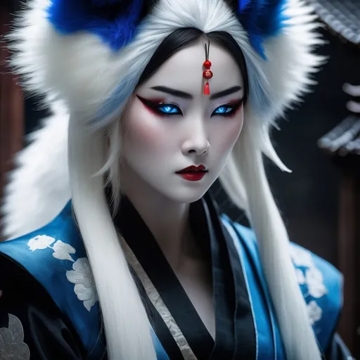 Prompt: Hyperrealistic half-transformed female goth kitsune assassin partially shrouded in shadow, angrily peers with glowing blue eyes, silky white fur, long flowing hair flowing around her, sharp long nails in traditional geisha garb