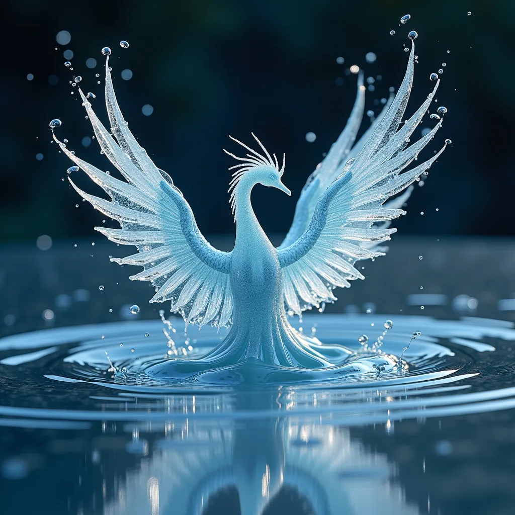 Prompt: Image of a water droplet hitting the surface of a perfectly clear puddle, stunning crystal clarity, images of the Milky Way and the universe reflected in the water, breathtaking detail, reflections dancing across the surface, high-speed capture, serene tranquility. Emerging from the splash is a mythical Water Phoenix, formed entirely of shimmering liquid, its wings arcing upwards in translucent plumes, droplets suspended midair. Cool blue tones with hints of shimmering silver, ethereal atmosphere, ultra-detailed, 4K resolution, dynamic motion capture, nature’s elegance and mystique, calming ambiance, a blend of surreal and serene beauty., breathtaking detail, reflections dancing across the surface, high-speed capture, serene tranquility, cool blue tones with hints of shimmering silver, ethereal atmosphere, ultra-detailed, 4K resolution, dynamic motion capture, nature’s elegance, calming ambiance.