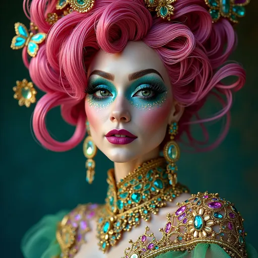 Prompt: made of,:lazympos, tiny neon glass filaments, w0gf1lhyper detailed masterpiece, dynamic, best quality, , Colorful and flamboyant Drag Queen All of her clothing is Fractal and Stained Glass and bejeweled with sapphires, emeralds and rubies and Gold filigree, Cyber Wire Boufant - highly decorated with gregarious jewelry and style- highly is made from Clear emerald glass, detailed <lora:ral-crztlgls0.777>shiny <lora:DonM3lv3sXL-000005:1.0000000000000002> <lora:TrendCraft_The_Peoples_Style_Detailer-v2.1A-3_12_2025-SDXL:0.6000000000000001>