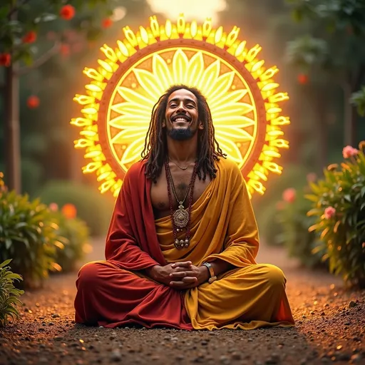 Prompt: (Bob Marley as the Buddha), (ethereal), divine light, vibrant colors, stunning halo effect, harmonious background featuring a lush garden, warm and uplifting atmosphere, peaceful expression, intricate details in clothing reflecting both cultures, symbolic elements from both cultures (Dharma Wheel made of light behind him), mandala on the ground, high-quality resolution, dramatic and spiritual ambiance.