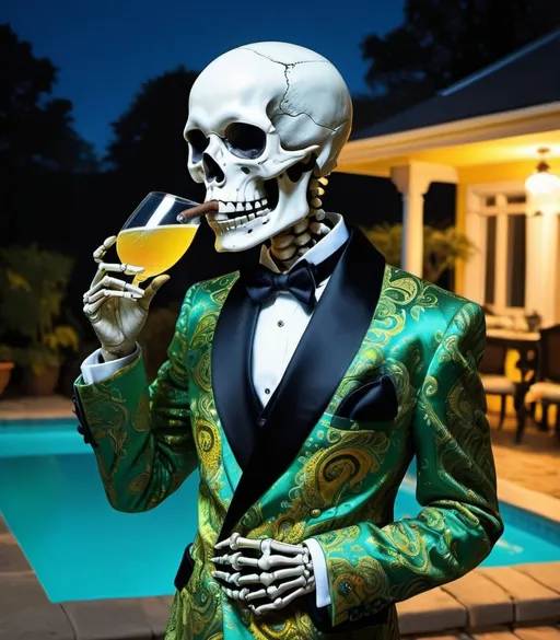 Prompt: Large scary-looking skeleton in a well tailored gaudy bright green and blue paisley smoking jacket with black lapels and  a yellow ascot drinking champagne by the pool, while smoking a cigar, eerie skeletal features, spooky atmosphere, high contrast, intricate details, horror, vintage style, vibrant orange tones, dramatic lighting