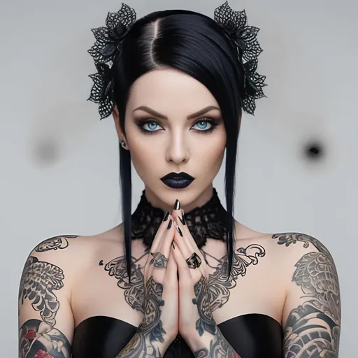 Prompt: wide angle view Portrait of a beautiful goth woman, dark black hair, tattoos, piercing, lace, and satin, ,  perfect detailed face, detailed symmetric hazel eyes with circular iris, princess eyes, realistic, stunning realistic photograph, 3d render, octane render, intricately detailed, cinematic, trending on art station, Isometric, Centered hiper eallistic cover photo, awesome full color, hand drawn, dark, gritty, klimt, erte 64k, high definition, cinematic, neoprene, portrait featured on unsplash, stylized digital art, smooth, ultra high definition, 8k, unreal engine 5, ultra sharp focus, intricate artwork masterpiece, ominous, epic, trending on artstation, highly detailed, vibrant