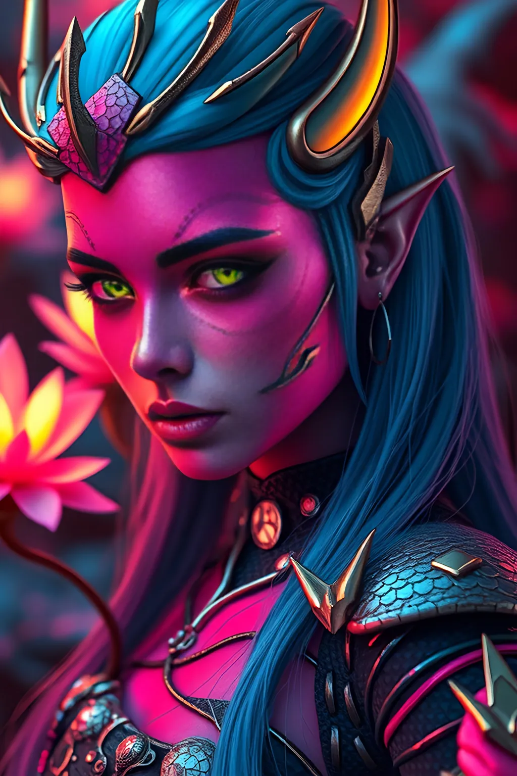 Prompt: HD Photorealistic, Hyperrealistic, 8k image or A powerful female futuristic viking warrior, that is  truly stunning, goddess of beauty, breathtakingly beautiful woman with bright crimson, fuchsia,  and iridescent purple striped skin, as well as  subtly scaled  skin (with gold highlights) , slightly metallic and luminous, elven pointed ears and multiple bionic or cyborg enhancements  with flowing indigo hair that catches the light in the most mesmerizing way. Her piercing emerald green eyes radiate an ethereal glow. She stands gracefully in an otherworldly alien forest,  with poise and grace of a dancer, with the strength and power of a ninja, nible as a cate with the same feline grace. surrounded by never-seen-before plants that glow softly in vivid, fantastical colors. Her skin appears shiny and radiant, like polished metal, reflecting the unique lighting of the alien atmosphere. The scene is hyper-realistic, with dramatic lighting and striking contrasts. Her facial features are complex, detailed, and elegant, exuding a sense of playful mystery. She stands in a dynamic pose, her body language confident yet gentle, as she interacts with her enchanting environment. The atmosphere is mesmerizing, with vivid colors, intricate details, and an overall presentation that feels magical and otherworldly. Her beauty is ethereal, captivating, and otherworldly, full of charm without being overt, radiating an unearthly allure that complements the fantastical scene around her.