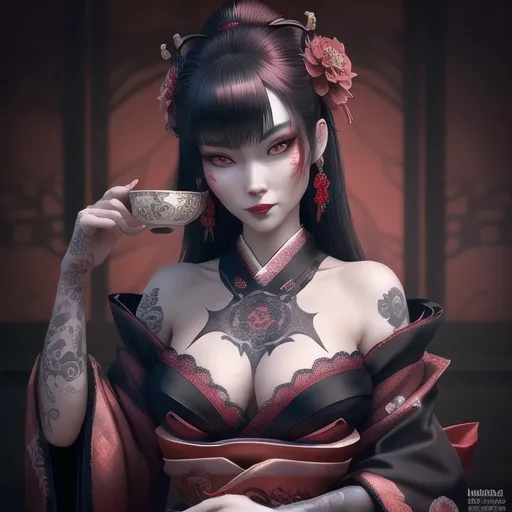 Prompt: wide angle full view HD Realistic Photo of a beautiful Japanese goth geisha woman, with an evil smile, serving tea in an eerie teahouse with a blood red and jet black kimono and white face make-up, black and dark red hair, dark wilted roses in her hair, tattoos, piercings, lace, and satin, perfect detailed face, detailed symmetric hazel eyes with circular iris, princess eyes, realistic, stunning realistic photograph, 3d render, octane render, intricately detailed, cinematic, trending on art station, Isometric, Centered hyperrealistic cover photo, awesome full color, hand drawn, dark, gritty, 64k, high definition, cinematic, portrait featured on unsplash, stylized digital art, smooth, ultra high definition, 8k, unreal engine 5, ultra sharp focus, intricate artwork masterpiece, ominous, epic, trending on artstation, highly detailed, vibrant