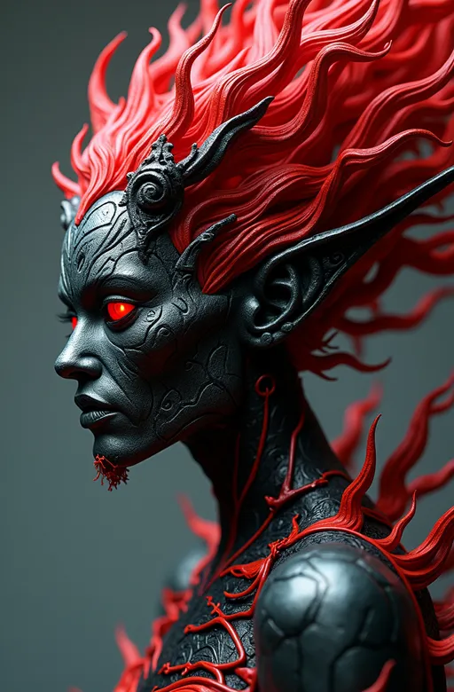 Prompt: a highly detailed digital artwork featuring a fantastical character with a striking and elaborate design. The character has a dark, metallic face with intricate patterns and glowing red eyes, giving a menacing and otherworldly appearance. The head is adorned with vibrant red, flowing hair that resembles flames or tendrils, interspersed with red leaves, adding a natural yet surreal element. The skin appears to be a mix of dark metallic and skeletal features, with ornate embellishments and textures. The overall color scheme is dominated by red and black, creating a dramatic and intense visual impact. The composition is focused on the character's profile, highlighting the intricate details and craftsmanship of the design. <lora:FluxMythP0rtr4itStyle:0.6> <lora:flux.1_lora_flyway_Epic-Characters_v1:0.6> <lora:Elden_Ring_-_Yoshitaka_Amano:0.33>