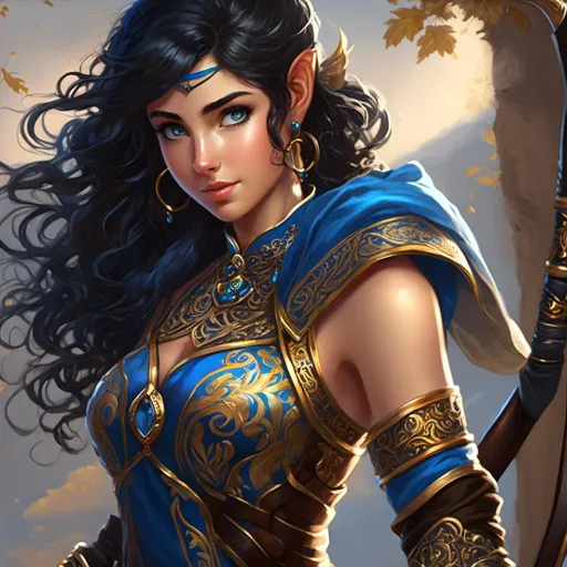 Prompt: <mymodel>Full body visible, oil painting, young 20 years old girl, ((blue-skinned-female)), archer, ((blue-skinned-female)), ((beautiful detailed face and glowing gold anime eyes)), short dark black hair, predatory smile, looking at the viewer, intricate detailed leather clothes, intricate hyper detailed hair, intricate hyper detailed eyelashes, intricate hyper detailed shining pupils, #3238, UHD, hd , 8k eyes, detailed face, big anime dreamy eyes, 8k eyes, intricate details, insanely detailed, masterpiece, cinematic lighting, 8k, complementary colors, golden ratio, octane render, volumetric lighting, unreal 5, artwork, concept art, cover, top model, light on hair colorful glamourous hyperdetailed cave background, intricate hyperdetailed cave background, ultra-fine details, hyper-focused, deep colors, dramatic lighting, ambient lighting | by sakimi chan, artgerm, wlop, pixiv, tumblr, instagram, deviantart