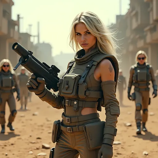 Prompt: Cinematic shot of an attractive silver-haired woman in a tactical combat outfit, holding a large railgun and standing in a war-torn futuristic city. Science fiction movie, directed by Denis Villeneuve, in the style of Mad Max: Fury Road. Gritty and chaotic, with a dusty, post-apocalyptic atmosphere.