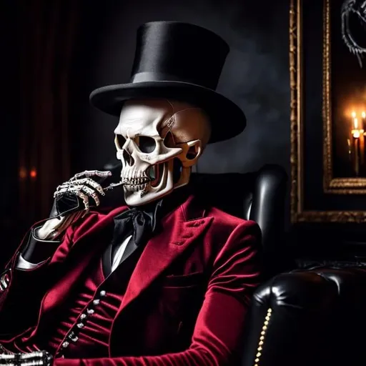Prompt: Large scary-looking skeleton in a Saville Row smoking jacket with black lapels and  a dark red ascot drinking cocktails by the pool, eerie skeletal features, spooky atmosphere, high contrast, intricate details, horror, vintage style, vibrant tones, dramatic lighting
