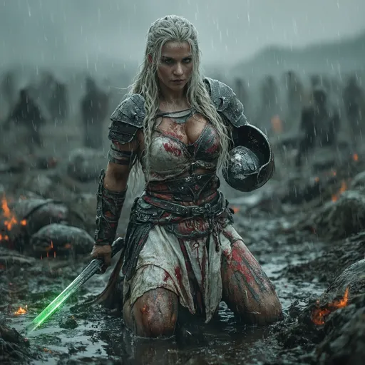 Prompt: SFW, A stunning fantasy UHD  image of a mystical, muscular, and strikingly beautiful Barbarian queen warrior kneeling on a wet & muddy battlefield strewn with the slain under the rain, dressed in a stained and bloodied white tabard adorned with red and black armor engraved with mystical and protective sigils, her dented helm held under her arm, her silver braided hair shining under dim light, gripping a glowing black sword emitting glowing green fiery energy, her eyes radiating determination and power, water splashes and rain adding a dynamic effect, dramatic and ethereal atmosphere, Photorealistic, extremely detailed, focusing on sharp realism and vivid fluorescent colors.