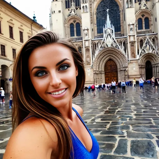 Prompt: A beautiful Hungarian 48-year-old woman, joyous, loving life, vibrant, toned athletic body,  long view shot of a woman with blue eyes laughing and smiling in front of the St. Mary’s Basilica (Bazylika Mariacka) in Krakow in the rain, no shoes on, jumping in puddles, full body shot, cobblestone street, 5 0 0 px models, amazement, photo render, eye-candy, a woman with blue eyes gazing longingly at the viewer, beautiful huge eyes, blue shining eyes, beautiful blue, glowing eyes, amazing eyes, beautiful light big eyes, mesmerizing blue eyes, glowing blue eyes, big blue eyes, blue piercing eyes, blue glowing eyes, tanned body, intense blue eyes, luminescent blue eyes, striking azure eyes, big beautiful blue eyes, perfect skin, no blemishes, perfect white teeth, aquiline features, detailed makeup, flawless,  hair has some blue streaks, very buxom, form-fitting clothes, casually clad in hippy style clothes, jean shorts, halter top, open long loose sweater, lots of bracelets, lots of necklaces, relaxed look, comfortable clothes,