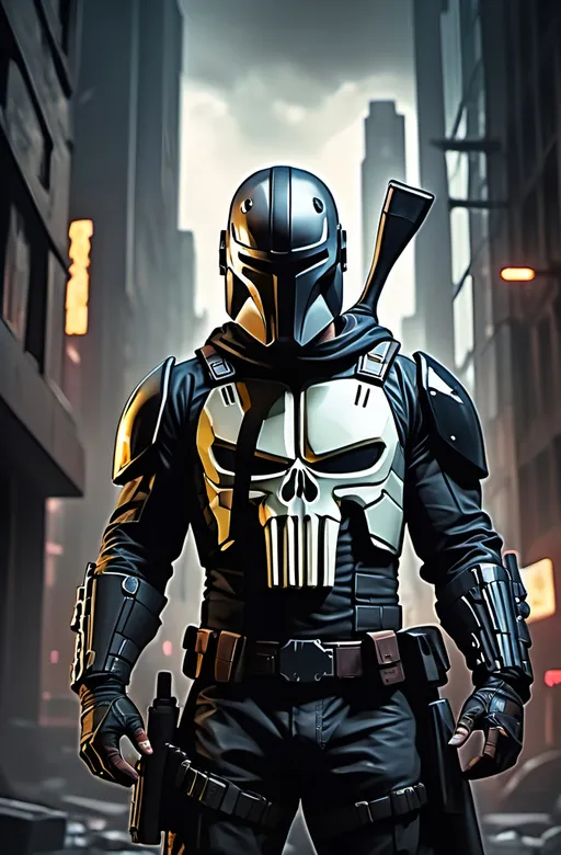 Prompt: (The Punisher Mandalorian)  dynamic pose, large punisher skull on chest, blending elements of both characters, dark and mysterious ambiance, cool tones, sleek textures, high detail, dramatic shadows, futuristic cityscape background, moody lighting, enhanced visual contrast, 4K quality, emphasizing strength and fearlessness, epic superhero vibe.