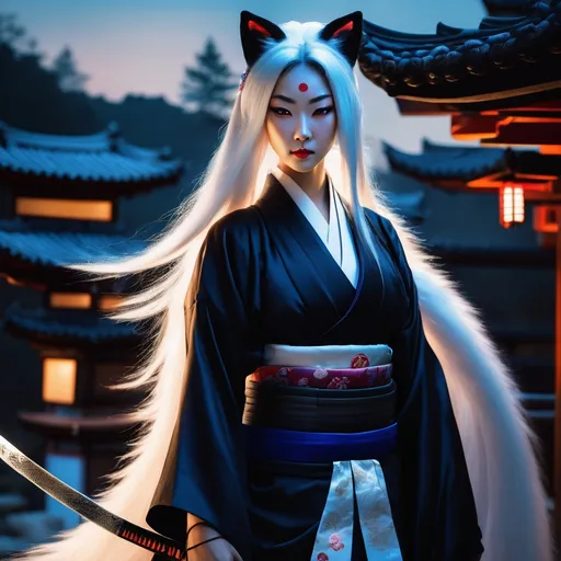 Prompt: Hyperrealistic half-transformed female goth kitsune assassin in a zen garden at night holding a katana partially shrouded in shadow, angrily peers with glowing blue eyes, silky white fur, long flowing hair flowing around her, sharp long nails in traditional geisha garb