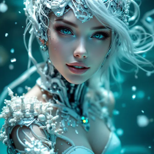 Prompt: 8k portrait of beautiful biomorphic full body stunning white porcelain cyborg with metallic hair in transparent brocade underbust corsage with lustful presence, (((holding a photo camera))), smiling, under water, intricate, elegant, highly detailed, majestic, broken glass, (masterpiece, sidelighting, finely detailed beautiful teal eyes: 1.3), hdr, photorealism, bokeh, neon elements, biomechanical interface. Intrincated detailed skin, futuristic, utopian, machine parts, body parts, wires, circuits, highly detailed, cinematic, look from above, hauntingly surreal, highly detailed and intricate, rich deep colors, intricate, masterpiece, golden ratio, intricate, epic, sweet, beautiful face, perfect eyes, perfect proportions