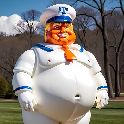 Prompt: Hybrid Image of obese and orange donald trump with the hat and collar of the Stay Puft Marshmallow Man 