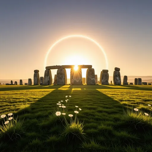 Prompt: A photorealistic, high-definition image capturing the celestial alignment of the sun peeking directly through the stones of Stonehenge during a breathtaking sunrise on the summer solstice. The vibrant rays of radiant sunlight filter between the ancient stone formations, creating a golden halo effect against a softly glowing sky. The foreground features a minimal hint of lush greenery, with wildflowers subtly framing the stones without overpowering the composition. The serene atmosphere highlights the monumental beauty of Stonehenge, with warm tones blending harmoniously in the dawn light. The focus is on the interplay of light and shadow on the stones, emphasizing their texture and timeless mystique. The scene conveys nature’s elegance and the wonder of this ancient celestial alignment.