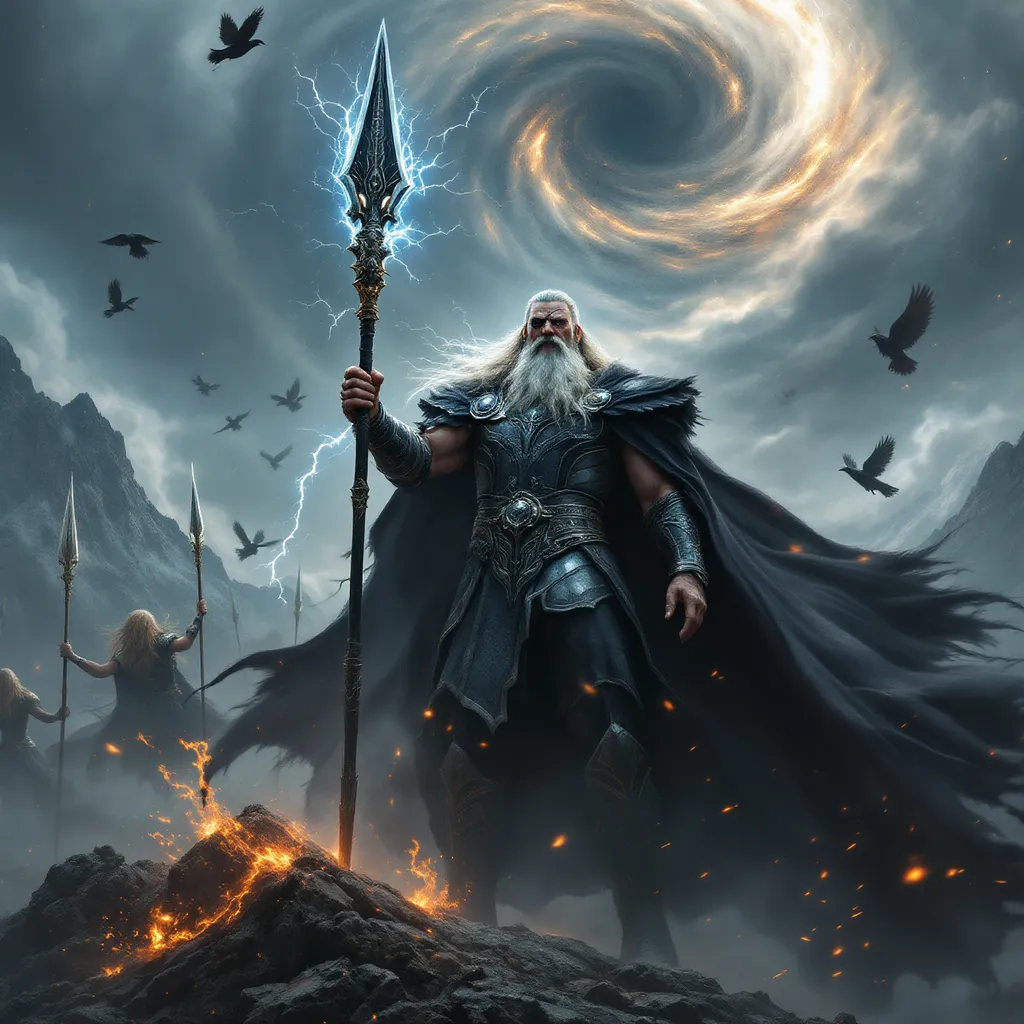 Prompt: A grand cinematic high-fantasy battle scene of Odin, the Norse Allfather, in full war fury, leading his divine legions against the frost giants. Odin stands at the forefront on a stormy mountain peak, cloak of black and silver storm clouds billowing behind him. He wears an ornate eyepatch and grips Gungnir, his rune-carved spear, which crackles with lightning and divine magic. His expression is fierce, commanding, and wrathful. Around him swirl Huginn and Muninn, his ravens, and above him descend radiant Valkyries — winged warrior goddesses with glowing armor and spears of light. Behind Odin, the spectral Einherjar, ancient warriors of Valhalla, charge through snow and ice in ethereal armor, ready to clash with towering frost giants in the distance. The sky rages with thunder and the battlefield is lit by fire, lightning, and the shimmering aurora. Epic scale, ultra-detailed, cinematic Norse mythology, storm-filled and heroic — a divine charge worthy of Wagner.