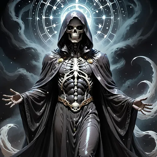 Prompt: (interpretation of Death from Marvel Comics), characterized by intricate details and dramatic posture, dressed in a flowing, ethereal robe, hauntingly elegant presence, shadowy ambiance, captivating gaze, set against a dark celestial background, starry sky, shrouded in mist, high contrast lighting, eerie yet captivating atmosphere, ultra-detailed, 4K quality.