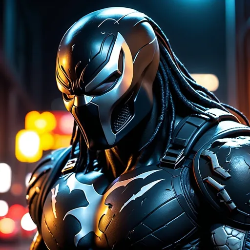 Prompt: A superhero that combines (Venom) &(Predator), mean streak worse than the Punisher, more sarcasm than Deadpool,  and quicker to judge guilt faster than Judge Dredd. (gritty), intense action, dark and moody atmosphere, metallic and futuristic armor, glowing elements, urban battlefield background, explosive action scenes, dynamic poses, aggressive facial expressions, dramatic shadows and highlights, cold tones with splashes of neon, ultra-detailed, 4K, cinematic masterpiece, photorealistic.