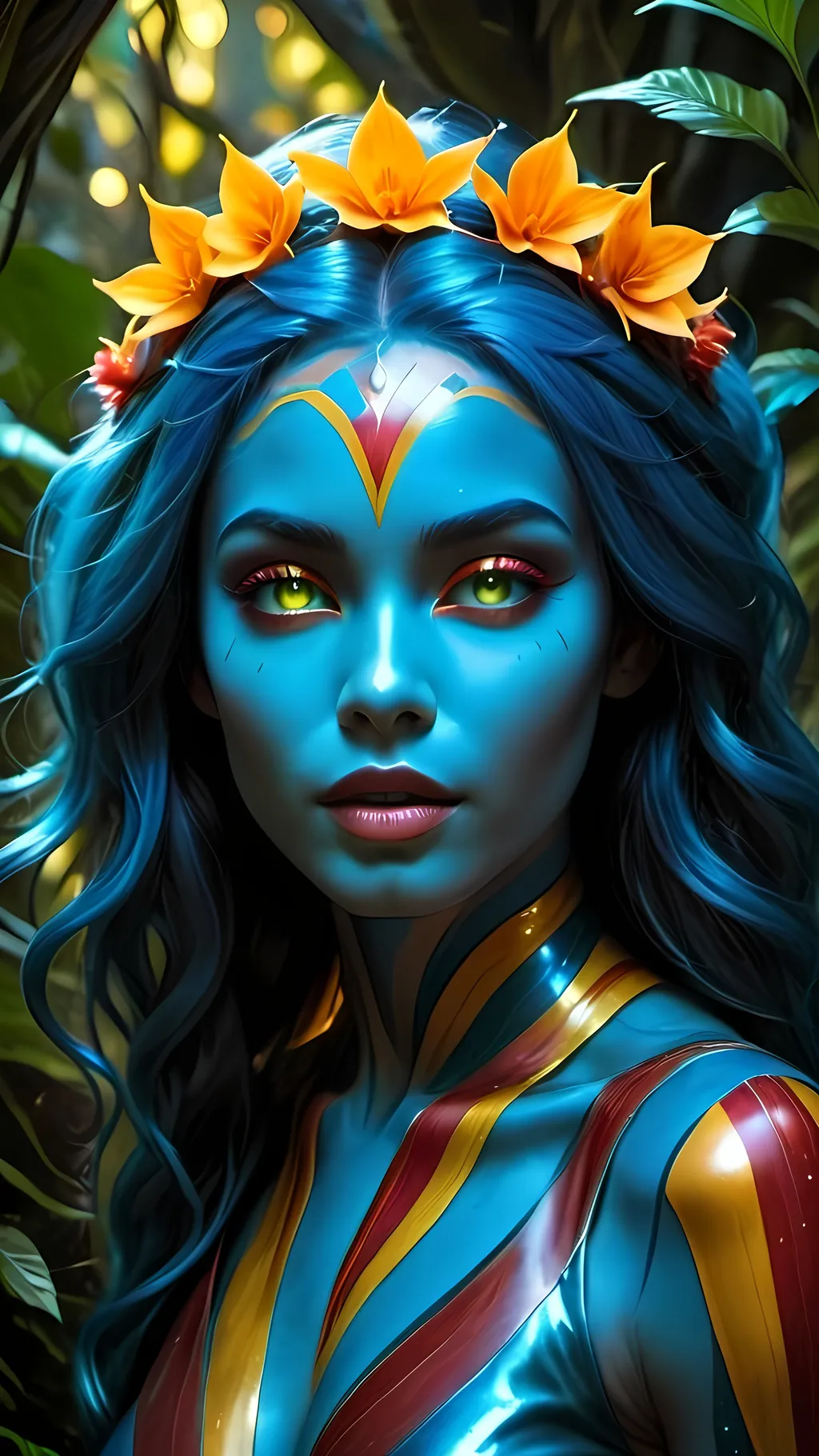 Prompt: HD Photorealistic, Hyperrealistic, 8k image or A breathtakingly beautiful woman with deep yellow and red striped skin, slightly metallic and luminous, with flowing blue hair that catches the light in the most mesmerizing way. Her piercing blue eyes radiate an ethereal glow. She stands gracefully in an otherworldly alien forest, surrounded by never-seen-before plants that glow softly in vivid, fantastical colors. Her skin appears shiny and radiant, like polished metal, reflecting the unique lighting of the alien atmosphere. The scene is hyper-realistic, with dramatic lighting and striking contrasts. Her facial features are complex, detailed, and elegant, exuding a sense of playful mystery. She stands in a dynamic pose, her body language confident yet gentle, as she interacts with her enchanting environment. The atmosphere is mesmerizing, with vivid colors, intricate details, and an overall presentation that feels magical and otherworldly. Her beauty is ethereal, captivating, and otherworldly, full of charm without being overt, radiating an unearthly allure that complements the fantastical scene around her.