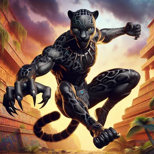 Prompt: (hyper-realistic female anthro-black jaguar warrior princess), Mayan Warrior Princess, Female Amazonian huntress, human black jaguar hybrid, stunningly beautiful, incredibly strong yet still feminine, powerfully strong Female, ripped muscled, covered with black jaguar fur, black spotted fur, silky, shiny fur, (clawed hands),  fantasy character art, athletic body, lithe, athletic, perfect body, vibrant details, Dungeons & Dragons inspired, warm tone hues, enchanting atmosphere, detailed expressions, dynamic pose, vivid background with lush jungle elements, Mayan Ruins,  intricate patterns, captivating eyes, (ultra-detailed), digital illustration, evocative fantasy scene.