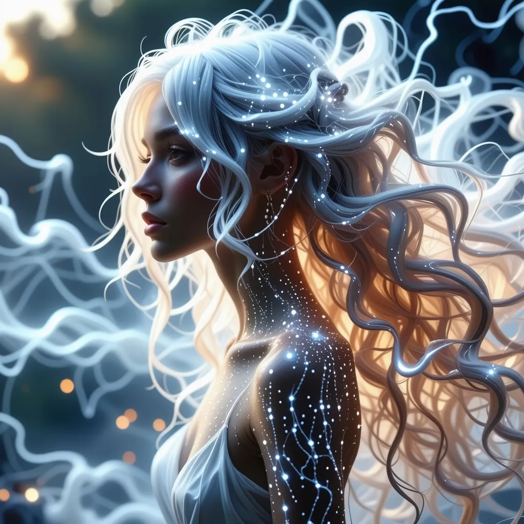 Prompt: Silhouette Art, magnificent. stunningly beautiful female air elemental, long white hair made from clouds, bangs, pulsing with gusts of wind and white electrical energy, white energy motes are all around her, she has an ethereal quality that makes her more mysterious,  subtle white iridescent diamonds covering her body,   Create a hyper-realistic scene in 8K resolution with intricate, lifelike textures and fine details. The composition is rendered with photorealistic quality, using advanced lighting, shadows, and reflections to emphasize realism. Every element, from the subject to the background, is crafted with meticulous attention to detail, capturing natural depth, accurate proportions, and true-to-life materials. The atmosphere is immersive and visually arresting, highlighting realistic textures, subtle nuances, and dynamic elements like natural light or motion. The overall effect should feel stunningly lifelike, evoking realism in every aspect.Unreal Engine, photorealistic, hyperrealistic, and visually arresting. Rendered in 8K, hyperrealistic, with fine intricate details.