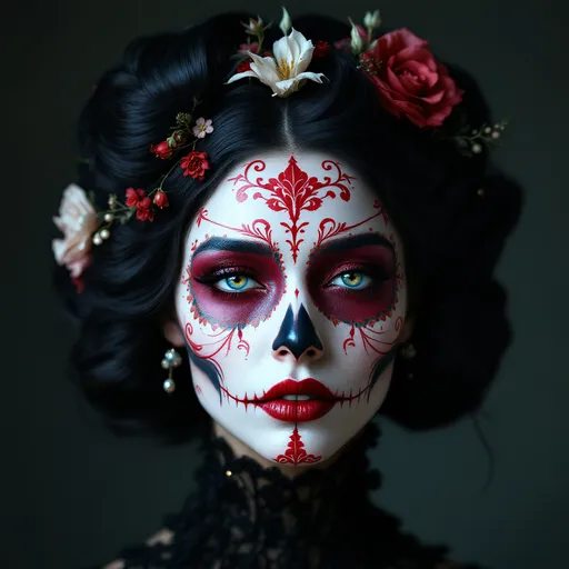 Prompt: A surreal and highly detailed cowboy portrait shot of a shiny porcelain stunningly beautiful woman wearing Día de los Muertos makeup, featuring intricate floral patterns and a striking color palette of stark white, red, black and gold. She a gothic/vampish style that she shows off well and accents her haughty nature.  Her face is adorned with symmetrical decorative elements, with glitter paint around her eyes, metallic red lips, and a skull-like nose design. Her eyes are intense and expressive, enhanced by dramatic shadows. She wears an elaborate headdress made of red roses and belladona plants integrated into an artistic structure inspired by Art Nouveau and cyberpunk aesthetics. Her neck and shoulders are covered in intricate, aztec art tattoos, reminiscent of tribal and futuristic ornaments.  Glossy black and  and gold jewelry adorn her ears and neck. The background is minimalistic, with abstract dripping paint effects and elegant lines, creating a dreamlike and artistic atmosphere. A hyperrealistic rendering with rich textures and soft yet contrasting lighting