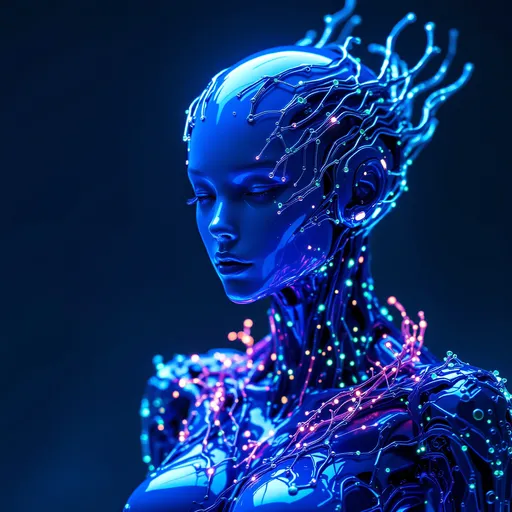 Prompt: Ultra-detailed, hyper-realistic, meticulously rendered scene with 8K PBR textures. An athletic and lethal  female cybernetic humanoid figure constructed completely out of Sapphires  Her textured skin and liquid-like iridescence stands in a dreamlike fantasy landscape. She is the embodiment of predator prowess and lethality.  Her Chromium Armor is engraved and embellished with   Emeralds and Peridots that glow with anger. Liquid metal flows across limbs and torso, and its hair is interwoven with bioluminescent crystal circuitry  glowing with cosmic energy.    Cinematic Octane render (Unreal Engine 5), with ray-traced/path-traced lighting and volumetric effects. Deep chiaroscuro contrasts and prismatic subsurface scattering intensify the otherworldly cosmic mysticism of the scene.
