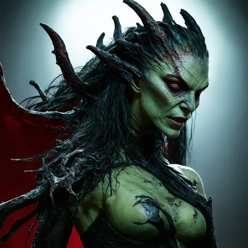 Prompt: An UHD photo-quality full-body image of Megaera, the Fury of Jealousy, in hyper-realistic 8K detail. Megaera is depicted as a wrathful yet mesmerizingly sinister figure, her gaunt but striking face exuding malice and envy. Her ashen, weathered skin is veined with faint green and black patterns, glowing like a corrupted web of energy. Her eyes burn with a venomous green light, narrow and piercing, reflecting her eternal role as the punisher of jealousy and infidelity. Her hair is a writhing, tangled mass of serpents, their scales glimmering faintly, hissing and snapping with malevolent energy.

Megaera’s upper body is lithe yet muscular, wrapped in tattered, smoke-like black robes that seem to shift and move unnaturally, as though alive with her rage. Her talon-like hands are elongated and sharp, blackened as if charred, dripping with a faint glowing ichor that corrodes the air around it. Her torso bears faintly etched patterns of ancient curses, glowing intermittently as her fury surges.

Her massive, bat-like wings are torn and jagged, each stroke of the wings emitting glowing green sparks and wisps of shadowy mist. Her lower body is shrouded in shifting black smoke, obscuring the ground as she floats above it, her form flickering between corporeal and ethereal.

Megaera stands on a fiery battlefield littered with the remnants of the jealous and unfaithful. The cracked, molten ground glows beneath her, with pools of green, bubbling acid marking her victims’ tortured ends. The background is a stormy chaos of red and green lightning, shadowy figures screaming in the distance, and crumbling ruins of broken oaths. The lighting highlights every intricate texture, from the glimmering scales of her serpents to the jagged tears in her wings. This hyper-realistic image captures the vengeful, jealous wrath of Megaera, blending horror with beauty.